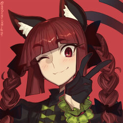  1girl ;3 animal_ears black_bow black_fur black_gloves boa_(brianoa) bow braid cat_ears cat_tail commentary dress gloves hair_ribbon juliet_sleeves kaenbyou_rin long_hair long_sleeves multiple_tails one_eye_closed puffy_sleeves red_background red_eyes redhead ribbon side_braids signature solo tail touhou twin_braids twintails two_tails v 