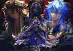  3boys animal_ears black_hair blue_hair brown_hair dark-skinned_male dark_skin full_body green_eyes hair_slicked_back highres horns idia_shroud leona_kingscholar lion_boy lion_ears long_hair male_focus malleus_draconia multiple_boys orange_eyes short_hair twisted_wonderland yaoyaobae 