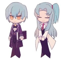  1girl 20_(1more_surren) angela_(project_moon) ascot black_pants black_skirt black_vest blue_coat blue_hair brooch closed_mouth coat collared_shirt full_body jewelry lapels library_of_ruina lobotomy_corporation long_hair multiple_views necktie notched_lapels one_side_up pants parted_bangs project_moon red_necktie shirt short_hair sidelocks simple_background skirt very_long_hair vest white_ascot white_background white_shirt yellow_eyes yellow_gemstone 