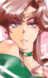  1girl bishoujo_senshi_sailor_moon brown_hair choker circlet earrings green_choker highres inner_senshi jewelry jupiter_symbol kino_makoto looking_at_viewer magical_girl mike156 parted_lips sailor_jupiter sailor_senshi sailor_senshi_uniform solo star_(symbol) star_choker straight-on upper_body 