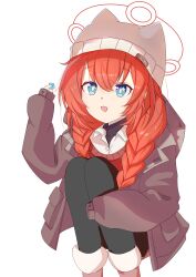  1girl absurdres animal_ear_headwear beanie blue_archive blue_eyes braid collared_shirt commentary_request feet_out_of_frame gem grey_hat grey_jacket halo hat highres holding holding_gem jacket long_hair long_sleeves looking_at_object maki_(blue_archive) maki_(camp)_(blue_archive) mororiko official_alternate_costume official_alternate_hairstyle open_clothes open_jacket open_mouth pyroxene_(blue_archive) red_halo red_sweater redhead shirt simple_background smile solo sparkling_eyes sweater twin_braids white_background white_shirt 