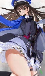  1girl belt black_footwear blue_coat blue_hat blue_jacket blue_necktie boots breasts brown_eyes brown_hair coat coat_on_shoulders diesel_(nikke) feet_out_of_frame floating_hair gloves goddess_of_victory:_nikke grey_background hair_spread_out hat infinity_rail_(nikke) jacket long_hair long_sleeves looking_at_viewer medium_breasts military military_hat military_uniform miniskirt necktie open_clothes open_jacket peaked_cap shirt skirt smile white_gloves white_shirt white_skirt youmou_usagi 