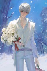  1boy bag belt blue_eyes bouquet closed_mouth collared_shirt cowboy_shot flower grey_belt grey_hair grey_pants hair_between_eyes highres holding holding_bag holding_bouquet light_smile long_sleeves looking_at_viewer love_and_deepspace male_focus outdoors pangyingkun pants red_ribbon ribbon rose shirt short_hair snow solo white_flower white_rose white_shirt winter xavier_(love_and_deepspace) 