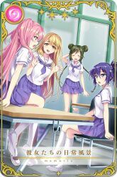  4girls ^_^ akanegasaki_middle_school_uniform arm_behind_back bare_arms blonde_hair blue_eyes blue_hair blue_neckerchief blue_skirt braid breasts card_(medium) chair classroom closed_eyes crossed_legs desk double_bun full_body furrowed_brow game_cg green_hair hair_between_eyes hair_bun hair_ornament hairclip hand_on_own_knee hand_up hinata_matsuri indoors kanade_haruka kneehighs light_blush light_particles long_hair looking_at_another low_twin_braids lower_teeth_only magia_record:_mahou_shoujo_madoka_magica_gaiden mahou_shoujo_madoka_magica mahou_shoujo_suzune_magica mary_janes miniskirt multiple_girls narumi_arisa neckerchief official_art on_chair on_desk open_mouth picture_frame pink_hair pleated_skirt pocket red_eyes sailor_collar school_chair school_desk school_uniform senri_gan shion_chisato shirt shoes short_hair short_ponytail short_sleeves single_sidelock sitting skirt smile socks star_(symbol) teeth tile_floor tiles translated twin_braids two_side_up very_long_hair white_footwear white_sailor_collar white_shirt white_socks window 