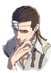  1boy black_eyes black_nails bright_pupils brown_hair closed_mouth collared_shirt cornrows cropped_torso fingernails gauze green_scales hair_slicked_back hand_on_own_chin hand_up identity_v long_fingernails looking_at_viewer luchino_diruse male_focus medium_hair open_collar scales sharp_fingernails shirt sideways_glance simple_background smile solo sukehige suspenders symbol-shaped_pupils white_background white_pupils white_shirt x-shaped_pupils 