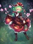  1girl bangs blunt_bangs blurry blurry_background boots branch clothes_lift cross-laced_footwear depth_of_field dress dress_lift falling_petals from_above full_body grass green_eyes green_hair hair_ribbon half-closed_eye highres kagiyama_hina lace-up_boots lifted_by_self long_hair one_eye_closed outdoors petals ribbon skirt skirt_hold skirt_lift solo standing touhou tree wankosoba_(wanwan_soba) 