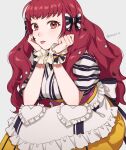  1girl bow dress fire_emblem fire_emblem_engage frilled_dress frilled_wristband frills hair_ornament hair_ribbon head_on_hand heart highres long_hair looking_at_viewer peach11_01 red_eyes redhead ribbon sitting solo star_(symbol) star_hair_ornament striped striped_bow tongue tongue_out waist_bow wavy_hair white_ribbon yellow_dress yunaka_(fire_emblem) 
