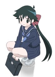  1girl :3 ahoge azumaya_koyuki bag black_hair blue_neckerchief blue_sailor_collar blue_serafuku blue_shirt blue_skirt blush bow hair_bow highres holding holding_bag keroro_gunsou long_hair long_sleeves neckerchief ponytail purple_bow rytoua318 sailor_collar school_bag school_uniform serafuku shirt shoes simple_background skirt solo squatting white_background white_footwear 