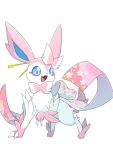 alternate_form animal_focus blue_eyes blue_sclera bow bowtie claws colored_sclera commentary_request fang floral_print full_body hair_bow hair_ornament hair_stick happy leg_up looking_at_viewer no_humans open_mouth partial_commentary pink_bow pink_bowtie pink_ribbon pokemon pokemon_(creature) ribbon simple_background skin_fang smile solo standing sylveon white_background yuui_art 