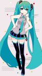  1girl absurdly_long_hair aqua_eyes aqua_hair aqua_necktie bangs black_footwear black_skirt boots collared_shirt full_body grey_shirt hands_on_hips hatsune_miku highres long_hair looking_at_viewer machigami_yoh microphone necktie pleated_skirt shirt skirt sleeveless sleeveless_shirt smile solo standing thigh_boots twintails very_long_hair vocaloid 