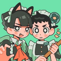  2boys absurdres ace_attorney animal_ears apron arm_up ascot black_hair blush_stickers bow cat_ears collared_shirt crossdressing fake_animal_ears fang green_background highres holding kazuma_asogi maid maid_apron maid_headdress male_focus mikyo_u multiple_boys notice_lines open_mouth parted_lips paw_pose puffy_sleeves red_ascot ryunosuke_naruhodo shirt short_hair teeth the_great_ace_attorney upper_body white_apron white_bow 