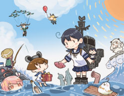  ahoge aircraft airplane akebono_(kancolle) balloon bird blue_sailor_collar blue_skirt blue_sky bottle chibi clouds colorado_(kancolle) day dual_persona fishing_rod fusou_(kancolle) gift i-58_(kancolle) kantai_collection long_hair machinery message_in_a_bottle northern_ocean_princess outdoors periscope plank pleated_skirt saiguchi_otoufu sailor_collar school_uniform serafuku skirt sky spot_the_differences sun surfing tone_(kancolle) ushio_(kancolle) yamashiro_(kancolle) yukikaze_(kancolle) 