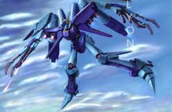  beam_cannon byalant byalant_custom cable claws clouds firing flying gundam gundam_unicorn highres lynx_lyn_58 machinery mecha mecha_focus mobile_suit no_humans original robot science_fiction signature solo thrusters 
