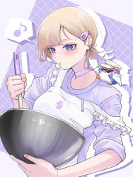  1girl :3 absurdres animal_on_shoulder apron asymmetrical_bangs banpen_(todoroki_hajime) blonde_hair bowl breasts chocolate_making choker drop_shadow eighth_note hair_ornament hairclip highres holding holding_bowl hololive long_sleeves mixing_bowl musical_note nisui57 pink_shirt shirt short_hair sleeves_pushed_up small_breasts solo spoken_musical_note todoroki_hajime twitter_username upper_body violet_eyes whistling 