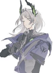  arknights black_shirt blue_eyes commentary cross_scar dress gloves grey_hair gun hair_intakes holding holding_gun holding_weapon irene_(arknights) irene_(the_adjudicatrix_and_her_resolve)_(arknights) long_hair long_sleeves nininikal one_eye_closed purple_dress scar scar_on_face shirt symbol-only_commentary turtleneck turtleneck_shirt upper_body weapon white_background wrist_guards 