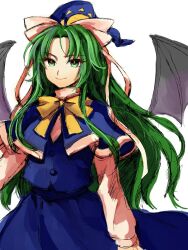  1girl black_wings blue_capelet blue_hat blue_sky blue_vest bow bowtie capelet closed_mouth commentary_request cowboy_shot demon_wings green_eyes green_hair hair_ribbon happy hat highres kuya_(hey36253625) long_hair long_sleeves looking_at_viewer mima_(touhou) parted_bangs puffy_sleeves ribbon shirt sidelocks simple_background sky smile solo touhou touhou_(pc-98) very_long_hair vest white_background white_ribbon white_shirt wings wizard_hat yellow_bow yellow_bowtie 