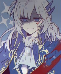  1boy 20_(1more_surren) argalia_(project_moon) ascot blood blood_on_clothes blood_on_face blue_background blue_cape blue_jacket cape closed_mouth collared_jacket jacket library_of_ruina male_focus project_moon shaded_face simple_background smile solo sparkle white_ascot 