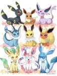  :3 :d artist_name blue_eyes bright_pupils brown_eyes closed_mouth commentary_request eevee espeon evolutionary_line fangs flareon forehead_jewel gem glaceon highres jolteon leafeon looking_at_viewer no_humans open_mouth pokemon pokemon_(creature) red_eyes saki_pokeoekaki simple_background sitting smile sparkle sylveon twitter_username umbreon vaporeon violet_eyes white_background white_pupils 