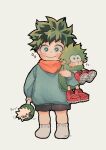  1boy animal animalization bakugou_katsuki black_shorts blue_shirt blush boku_no_hero_academia closed_mouth clothed_animal commentary_request freckles full_body gaagyeo green_eyes green_hair grey_background highres holding holding_animal korean_commentary long_sleeves looking_at_viewer male_focus midoriya_izuku neckerchief orange_neckerchief red_footwear sheep shirt shoes short_hair shorts simple_background smile socks solo standing white_socks 