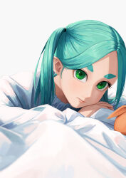  1girl absurdres aqua_hair closed_mouth expressionless green_eyes highres long_sleeves looking_at_viewer medium_hair monogatari_(series) nemo_ringo ononoki_yotsugi solo thick_eyebrows twintails 