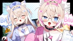  2girls animal_ears bandaid bandaid_hair_ornament belt_collar black-framed_eyewear black_collar blonde_hair blue_jacket blush closed_eyes collar colored_inner_animal_ears dog_ears dog_girl fangs fuwawa_abyssgard fuwawa_abyssgard_(1st_costume) glasses hair_ornament hairpin highres hololive hololive_english jacket long_hair long_sleeves mococo_abyssgard mococo_abyssgard_(1st_costume) multiple_girls noi_mine nurse open_mouth pink_jacket short_hair siblings sisters sleeves_past_fingers sleeves_past_wrists smile spiked_collar spikes twins two_side_up virtual_youtuber x_hair_ornament 
