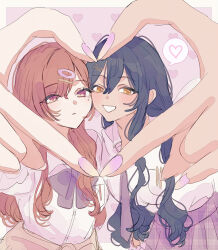  2girls 4-finger_heart_hands black_hair blush brown_hair cheek-to-cheek close-up commentary fingernails gyaru heads_together heart heart_background heart_hands heart_hands_duo highres higuchi_madoka idolmaster idolmaster_shiny_colors kogal looking_at_viewer mole mole_under_eye multiple_girls nail_polish paddy_field school_uniform shirase_sakuya smile spoken_heart 