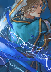  1boy 2024 blue_eyes brown_gloves brown_hair commentary_request dated dragon_quest dragon_quest_xi floating_hair gloves hair_between_eyes hero_(dq11) holding holding_sword holding_weapon hotaru1012 lightning looking_at_viewer looking_back male_focus medium_hair open_mouth solo sword tunic upper_body weapon 