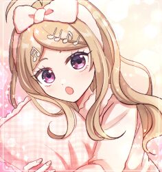  1girl :o ahoge akamatsu_kaede artist_name blush bow danganronpa_(series) danganronpa_v3:_killing_harmony hair_bow hair_ornament hugging_object long_hair long_sleeves mikao_(eanv5385) multicolored_background musical_note musical_note_hair_ornament pillow pillow_hug pink_eyes solo upper_body watermark 