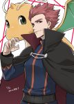 1boy belt black_cape blue_jacket blue_pants cape closed_mouth commentary_request dragonite grey_eyes hand_up highres jacket lance_(pokemon) long_sleeves male_focus mocollie pants pokemon pokemon_(creature) pokemon_(game) pokemon_hgss redhead short_hair smile spiky_hair translation_request 