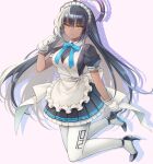  1girl apron back_bow black_footwear black_hair blue_archive blue_bow blue_bowtie bow bowtie colored_inner_hair dark-skinned_female dark_skin gloves halo high_heels highres karin_(blue_archive) long_hair looking_at_viewer ludwig_(user_aewg2872) maid_apron maid_headdress multicolored_hair pantyhose parted_lips puffy_short_sleeves puffy_sleeves shadow short_sleeves simple_background solo white_apron white_background white_gloves white_pantyhose yellow_eyes 