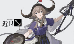  1girl animal_ears arknights belt belt_pouch blue_eyes chain_weapon cow_ears cow_girl cow_horns cow_tail flower flower_on_head grey_background holding holding_weapon horns karoro looking_at_viewer open_mouth pallas_(arknights) pouch purple_shirt red_flower red_rose rose shirt short_hair_with_long_locks solo tail utility_belt weapon 