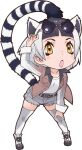 1girl animal_ears belt black_hair extra_ears grey_hair highres jacket kemono_friends kneehighs looking_at_viewer multicolored_hair official_art open_mouth ring-tailed_lemur_(kemono_friends) shirt shoes short_hair shorts socks solo striped_tail sunglasses tail transparent_background two-tone_hair yellow_eyes yoshizaki_mine 