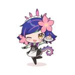  1girl ;d alternate_costume bangs black_dress black_thighhighs breasts cake chibi colored_skin dokumi dress enmaided flower food freckles frilled_dress frills full_body green_skin grey_background hair_flower hair_ornament holding holding_plate league_of_legends maid neeko_(league_of_legends) one_eye_closed open_mouth orange_eyes pink_flower plate purple_skin simple_background smile solo strawberry_shortcake tail thigh-highs 