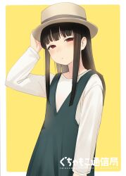  1girl alternate_costume black_hair blunt_bangs collared_shirt commentary_request dress dress_shirt fedora grey_dress hat hatsuyuki_(kancolle) highres kantai_collection long_hair looking_at_viewer red_eyes sakieko shirt solo white_hat white_shirt yellow_background 