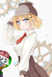  1girl blonde_hair blue_eyes blush bob_cut breasts brown_hat brown_skirt collared_shirt english_commentary gears hair_ornament hat highres hololive hololive_english long_sleeves looking_at_viewer magui3 necktie plaid_clothes plaid_skirt pocket_watch red_necktie shirt short_hair short_necktie simple_background skirt smile solo virtual_youtuber watch watson_amelia watson_amelia_(1st_costume) white_background white_shirt 