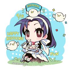  1girl animal_on_head bird bird_on_head black_eyes bright_pupils cake chibi chibi_only confetti dress eating eyelashes food hairband happy_birthday highres kazama_jun kotorai long_hair on_head purple_hair signature sitting_on_tree_stump solo tekken tree_stump white_bird white_dress white_hairband white_pupils 