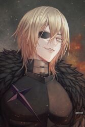  1boy absurdres armor black_armor black_fur blonde_hair blue_eyes breastplate commentary_request dimitri_alexandre_blaiddyd embers eyepatch fire_emblem fire_emblem:_three_houses fur_trim grin hair_between_eyes highres looking_ahead male_focus medium_hair one_eye_covered pochiz0 small_pupils smile solo teeth twitter_username upper_body 