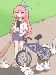 1girl aubrey_(faraway)_(omori) aubrey_(omori) baseball_bat bicycle blue_eyes blue_hairband blue_skirt blush closed_mouth collarbone crop_top denim denim_skirt forest_bunny_(omori) hairband highres jacket long_hair long_sleeves mewowem_omo nail nail_bat navel omori pink_hair shoes skirt sneakers solo standing teenage tomboy white_jacket young