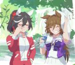  2girls artist_name black_hair bottle bow bowtie brown_hair closed_eyes drying drying_hair ear_covers finger_to_own_nose green_eyes grin gym_shirt hair_ornament high_ponytail highres holding holding_bottle holding_towel horse_girl jacket katsuragi_ace_(umamusume) long_hair long_sleeves mr._c.b._(umamusume) mukakin multicolored_hair multiple_girls outdoors pleated_skirt purple_bow purple_bowtie purple_shirt red_jacket river sailor_collar sailor_shirt school_uniform shirt short_sleeves skirt smile streaked_hair summer_uniform towel tracen_school_uniform track_jacket translation_request tree two-tone_hair umamusume water_bottle watermark white_hair white_sailor_collar white_shirt white_skirt 