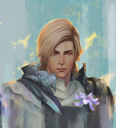  1boy absurdres armor blonde_hair closed_mouth collared_shirt commentary dion_lesage ear_piercing earrings english_commentary final_fantasy final_fantasy_xvi flower frilled_shirt frills highres jewelry llen_chabbie looking_ahead male_focus pauldrons piercing shirt shoulder_armor single_pauldron solo upper_body white_flower white_hair yellow_eyes 