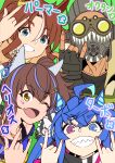  1boy 3girls @_@ \m/ ahoge animal_ears apex_legends bandaged_arm bandages bangs black_gloves blue_eyes blue_shirt brown_hair character_name crossed_bangs crossover daitaku_helios_(umamusume) ear_covers fang fingerless_gloves gloves goggles green_background green_eyes grin hair_ornament hairclip hands_up highres hood hoodie horse_ears horse_girl jewelry long_hair looking_at_viewer mejiro_palmer_(umamusume) multicolored_hair multiple_girls necklace octane_(apex_legends) one_eye_closed open_mouth parted_bangs pink_eyes respirator sharp_teeth shirt side_ponytail skin_fang smile streaked_hair teeth trait_connection twin_turbo_(umamusume) twintails umamusume wakoudo yellow_eyes 