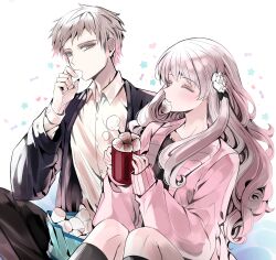  1boy 1girl absurdres bbing blush cardigan collared_shirt eating flower flower_ornament food fuyusaka_iori grey_eyes hair_flower hair_ornament highres holding holding_food juusan_kihei_bouei_ken long_hair marshmallow roasted_marshmallow sekigahara_ei shirt simple_background smile white_hair 