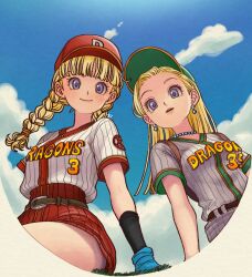  baseball baseball_cap baseball_jersey belt blonde_hair blue_eyes blue_gloves blue_sky blunt_bangs border braid clouds cloudy_sky detached_sleeves dragon_quest dragon_quest_xi earrings from_below gloves hat jersey jewelry long_hair looking_at_viewer looking_down miniskirt okita_(sukult_4) parted_lips pencil_skirt senya_(dq11) shirt skirt sky smile striped_clothes striped_shirt striped_skirt twin_braids veronica_(dq11) vertical-striped_clothes vertical-striped_shirt white_border white_shirt 