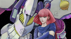  1girl blue_eyes breasts crossed_arms emblem gundam haman_karn highres looking_to_the_side lynx_lyn_58 machinery neo_zeon pink_hair qubeley realistic roundel science_fiction space starry_background upper_body violet_eyes zeta_gundam 
