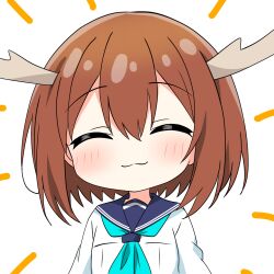  1girl :3 antlers blush brown_hair chibi closed_eyes commentary_request deer_antlers deer_girl facing_viewer highres horns kotatsu-mazoku school_uniform serafuku shikanoko_noko shikanoko_nokonoko_koshitantan short_hair smile solo 