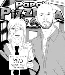  1boy 1girl absurdres andrew_tate bald bangs beard chainsaw_man collarbone collared_shirt crossover english_text facial_hair goatee greyscale hair_behind_ear hair_between_eyes hand_on_another&#039;s_shoulder highres holding holding_sign horns jacket long_bangs long_hair looking_at_viewer monochrome necktie off_shoulder power_(chainsaw_man) real_life sharp_teeth shirt sign smile teeth tongue tongue_out upper_teeth_only v-shaped_eyebrows xyanaid 