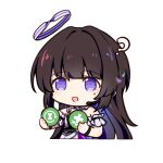  1girl ? brown_hair chibi commentary_request dress gameplay_mechanics girls&#039;_frontline_neural_cloud girls_frontline halo headset highres holding long_hair mechanical_halo nanaka_(girls&#039;_frontline_nc) open_mouth simple_background solo upper_body violet_eyes white_background white_dress wwca3445 