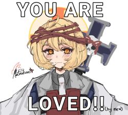  1girl armor blonde_hair blush body_armor caption collared_shirt commentary cross crown_of_thorns don_quixote_(project_moon) e.g.o_(project_moon) english_commentary english_text grey_shirt hair_between_eyes halo hammer heart limbus_company lobotomy_corporation lobotomy_corporation_(identity)_(project_moon) matoubaa necktie penitence_(e.g.o) project_moon shirt short_hair signature skull solo white_necktie yellow_eyes 