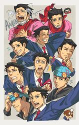  ! !? ... 1boy ? ace_attorney apollo_justice:_ace_attorney arm_behind_head badge beanie beard_stubble black_hair blue_eyes blue_suit blue_vest closed_eyes closed_mouth coffee coffee_mug collared_shirt crying cup facial_hair flustered grey_background grin hand_on_own_chin hand_on_own_hat hat heart hedgehog highres hood hood_down hoodie jewelry light_blush male_focus mask maygi_mie_ji mouth_mask mug mustache_stubble necklace necktie nervous nervous_smile nervous_sweating objection open_mouth phoenix_wright phoenix_wright:_ace_attorney phoenix_wright:_ace_attorney_-_dual_destinies phoenix_wright:_ace_attorney_-_trials_and_tribulations pink_sweater pleading_eyes red_necktie runny_nose scarf scratching_cheek shirt short_hair smile snot stubble suit surprised sweat sweatdrop sweater tearing_up tears thinking vest white_shirt 