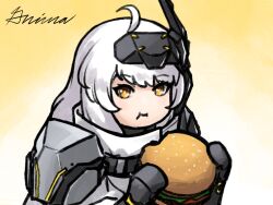  1girl ahoge artist_name burger closed_mouth eating food goddess_of_victory:_nikke gradient_background grimaisbestwaifu holding holding_burger holding_food long_hair snow_white_(nikke) solo visor_(armor) white_hair yellow_background yellow_eyes 